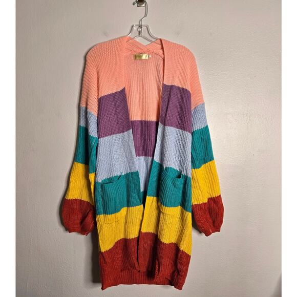 Colorful Rainbow Striped Chunky Knit Duster Cardigan Size M - Picture 1 of 10
